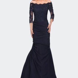 NWT La Femme| Navy Off The Shoulder Lace Bodice Satin Mermaid Gown Size 10